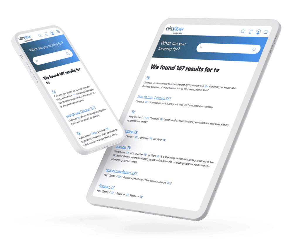 Smartphone and tablet showing altafiber's search results page with 167 results for the query 'tv,' featuring topics such as TV service options, how to use Catchup TV, Youtube TV, and Restart TV. Both devices display the same content with a blue search bar and clickable links.