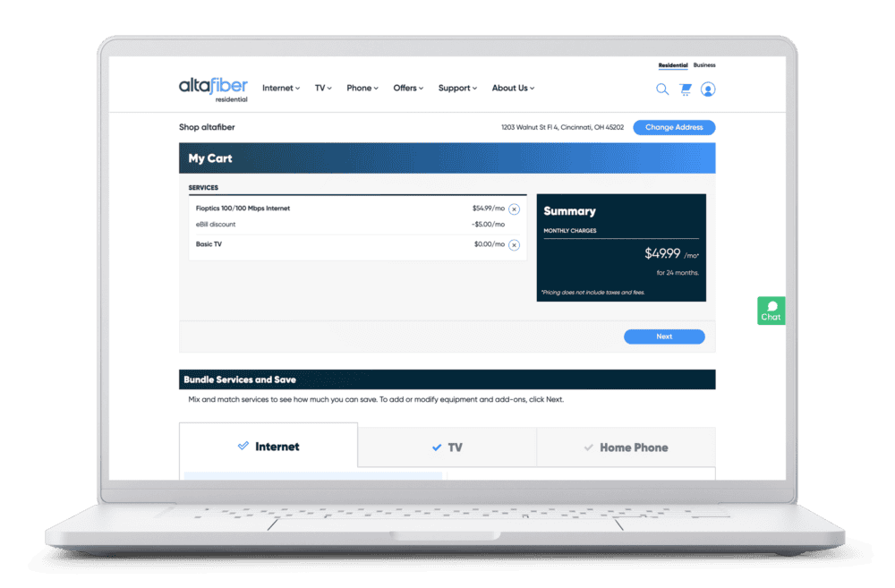 Laptop displaying altafiber's shopping cart with selected services including Fioptics 100/100 Mbps Internet for $49.99 per month after an eBill discount, alongside options to bundle services and a button to proceed to the next step.