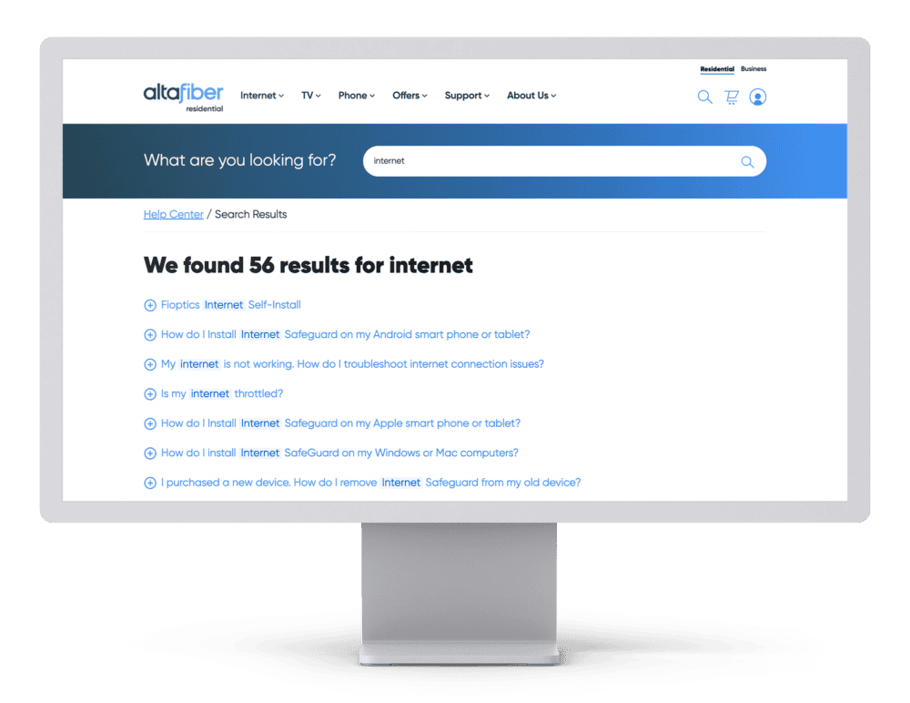 Monitor displaying altafiber's search results page with 56 results for the term 'internet,' including topics such as Fioptics Internet self-installation, internet safeguard installation, troubleshooting connection issues, and more.