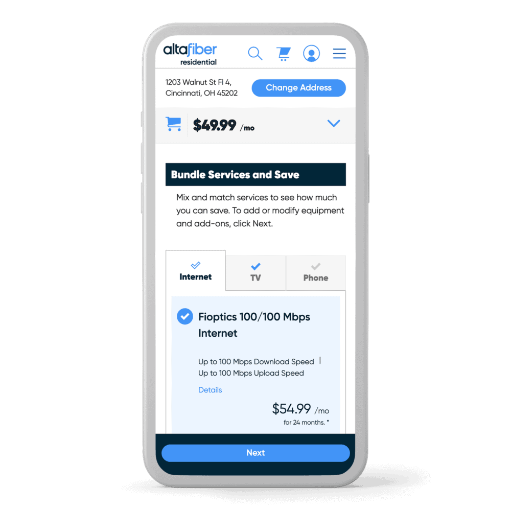 Smartphone screen showing altafiber's service selection page with a selected Internet plan offering 100/100 Mbps speed for $54.99 per month. Options to bundle Internet, TV, and Phone services are displayed, along with a 'Next' button to continue.