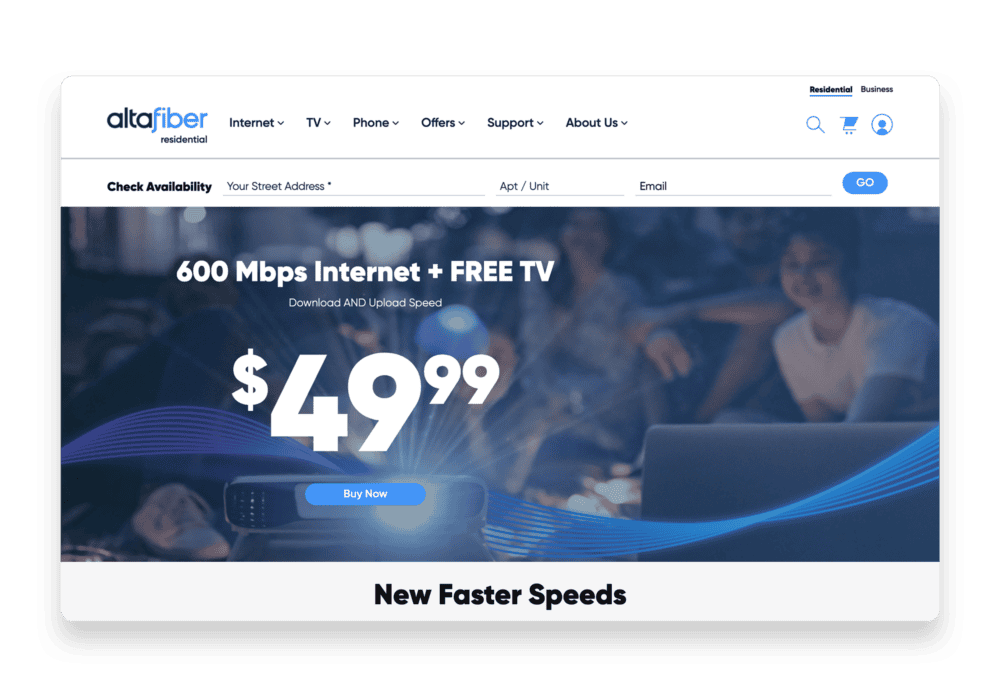 Promotional webpage from altafiber advertising 600 Mbps Internet with free TV for $49.99 per month, featuring a blue 'Buy Now' button. The background shows people using devices in a casual setting, and text at the bottom announces 'New Faster Speeds.