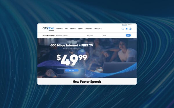 Promotional webpage from altafiber advertising 600 Mbps Internet with free TV for $49.99 per month, featuring a blue 'Buy Now' button. The background shows people using devices in a casual setting, and text at the bottom announces 'New Faster Speeds.