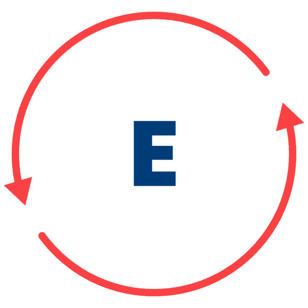 Letter E in a circle made of two arrows