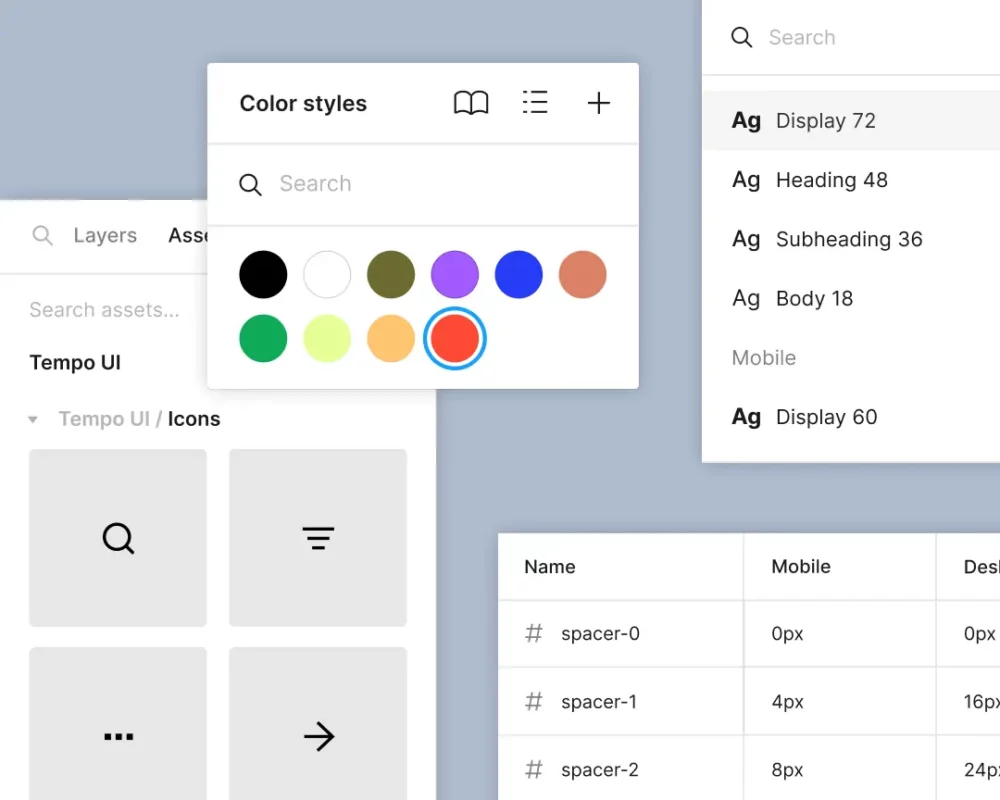 color swatches, icon options, spacing variables, and typography settings all displayed in an overlapping collage