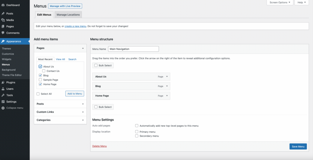 WordPress Appearance Admin Interface