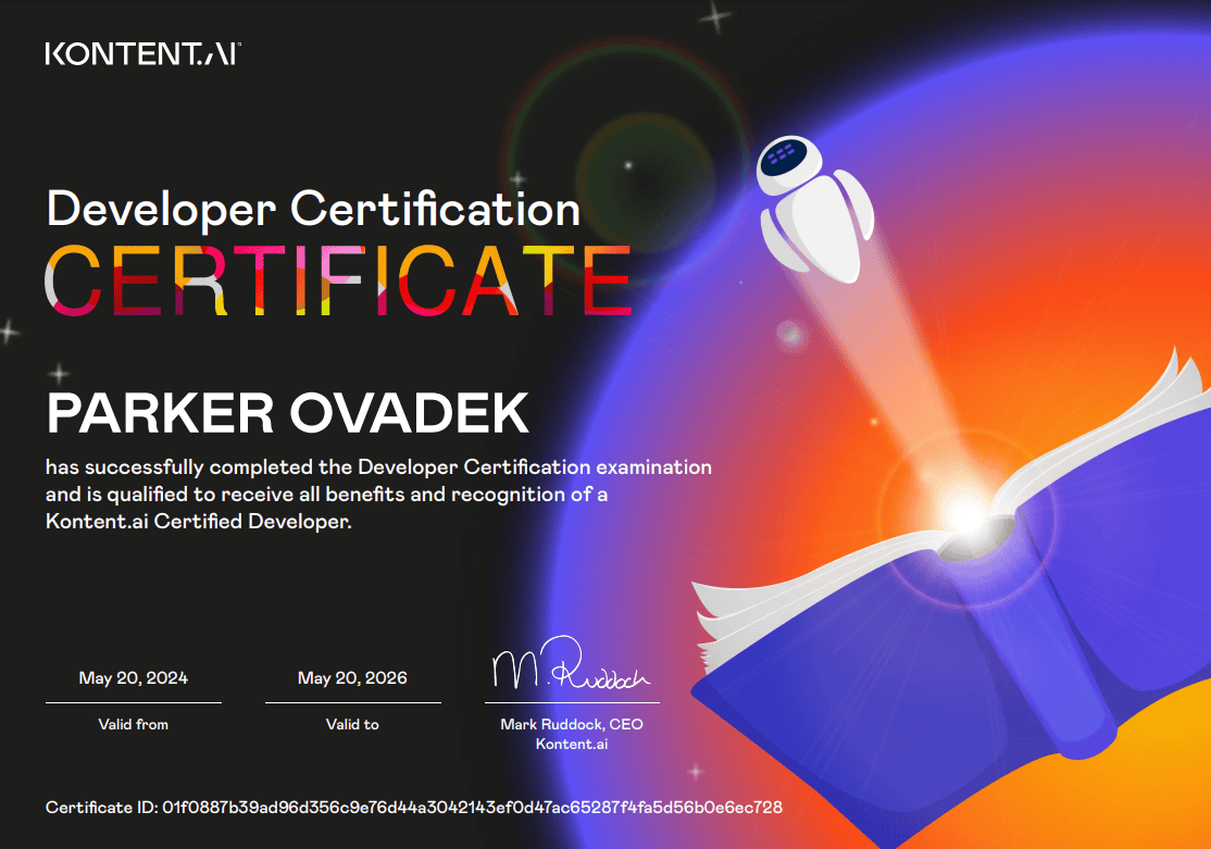 Parker Ovadek developer certification certificate