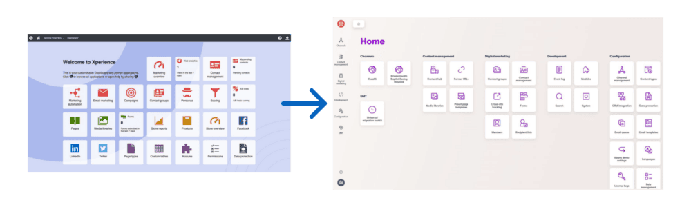 Old Kentico dashboard with an arrow pointing to the new Kentico dashboard