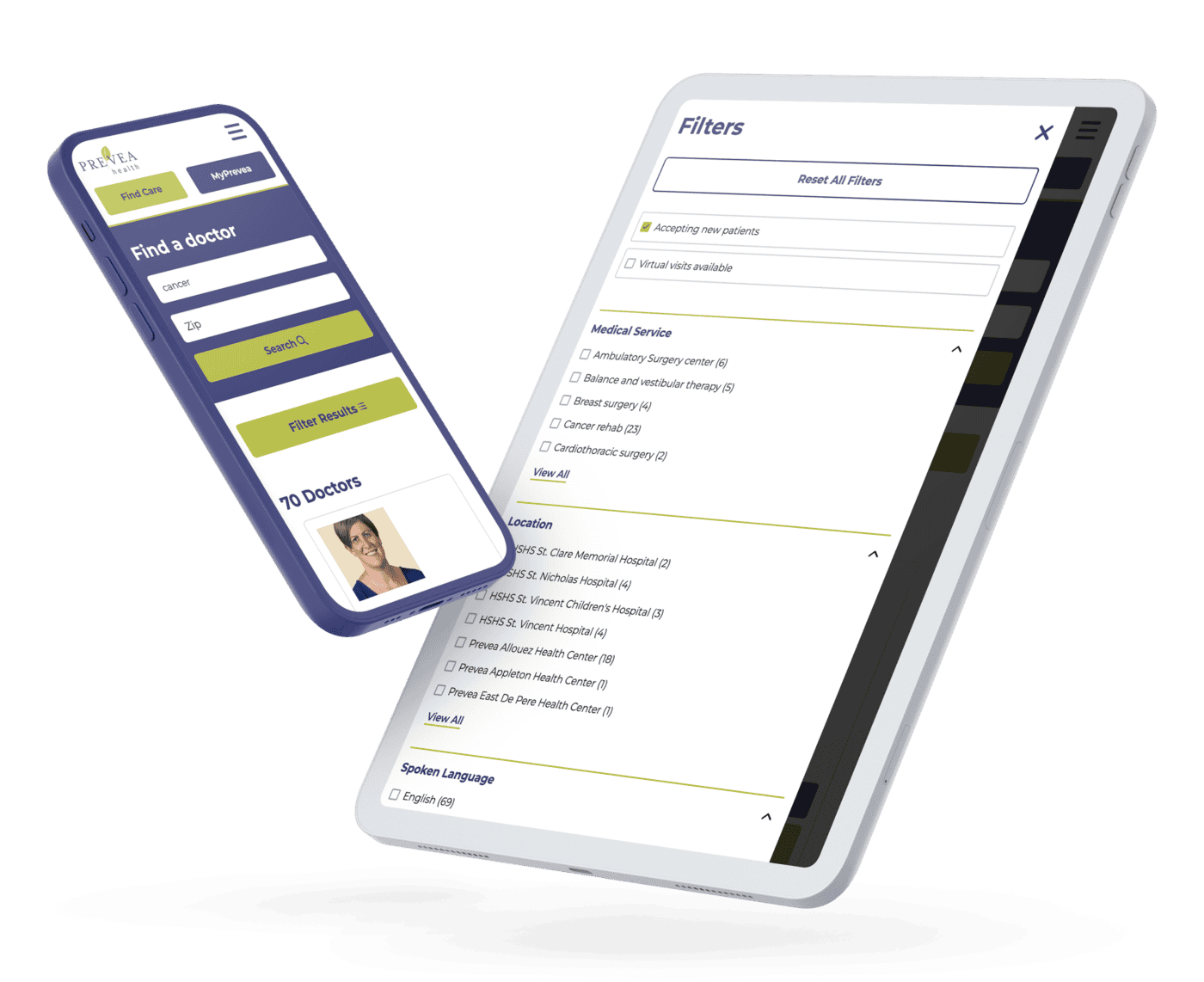 tablet and phone with Prevea Health Find a Doctor Results and Filters on display