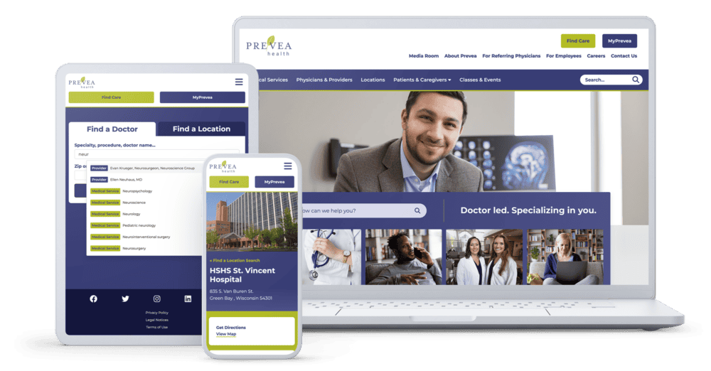 tablet, phone, and laptop with various Prevea Health pages on display