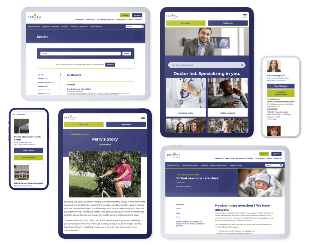 collage of phones and tablets with various Prevea Health pages on display