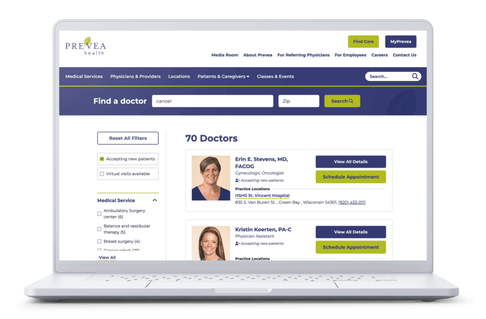 laptop with the Prevea Health Find a Doctor results page on display