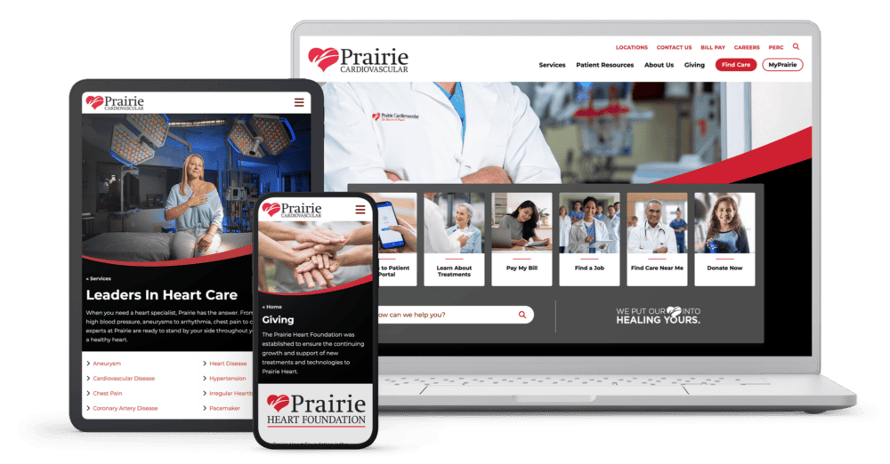 Prairie Cardiovascular website shown on laptop, phone and tablet