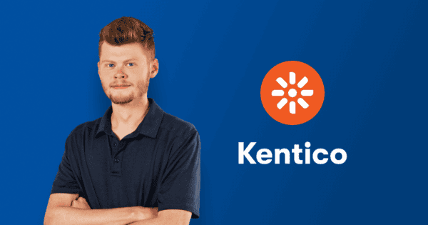 Tucker on a blue background next to the kentico logo