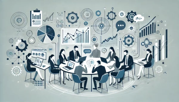 The image depicts a modern office environment where a group of professionals is seated around a circular table, actively engaged in a collaborative discussion. Surrounding the group are various charts, graphs, gears, and communication symbols, including speech bubbles and connection lines, all representing different communication strategies and roles. The color scheme is predominantly blues, greys, and whites, creating a professional and organized atmosphere that emphasizes the importance of effective communication in project management.