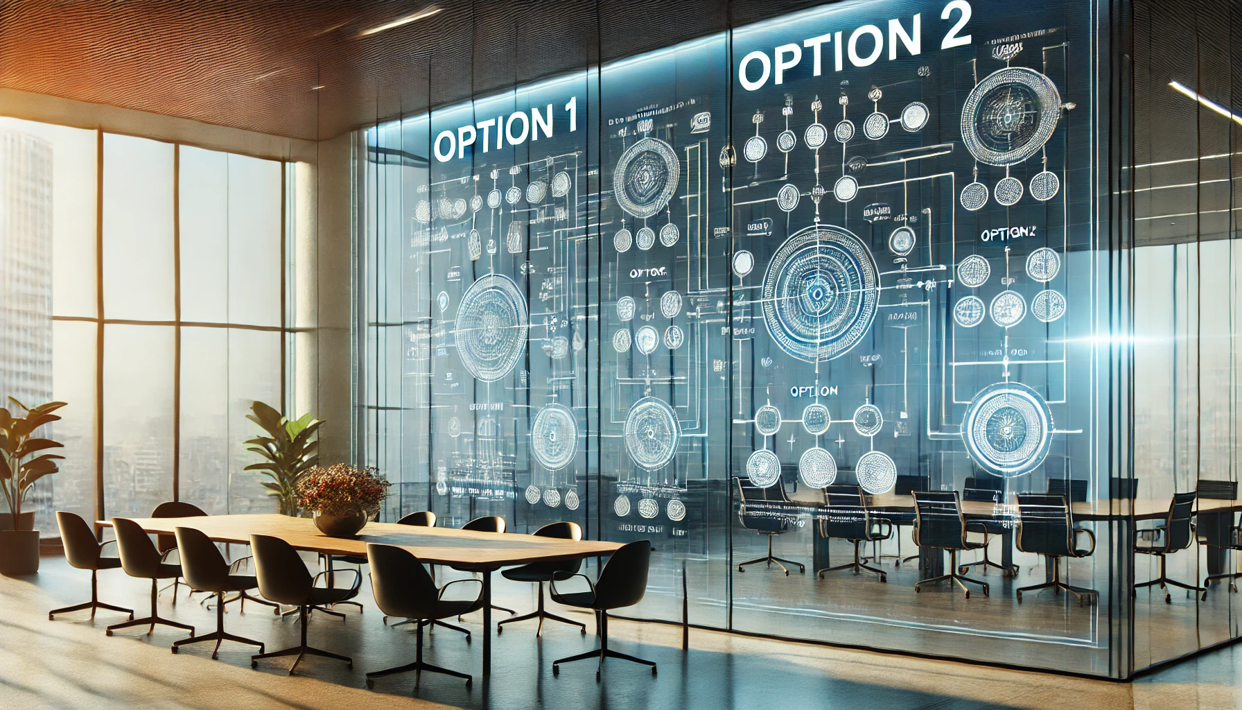 The image depicts a modern office setting with a large digital or glass board displaying a schematic or diagram in a chalkboard style. The board presents two main options labeled "OPTION 1" and "OPTION 2," each branching out into further sub-options or steps numbered "1," "2," and "3." The diagram is composed of circles connected by lines, resembling a flowchart or decision-making process. The overall aesthetic is clean and minimalistic, with the transparent walls of the office allowing natural light to fill the space, giving it a professional and contemporary feel.