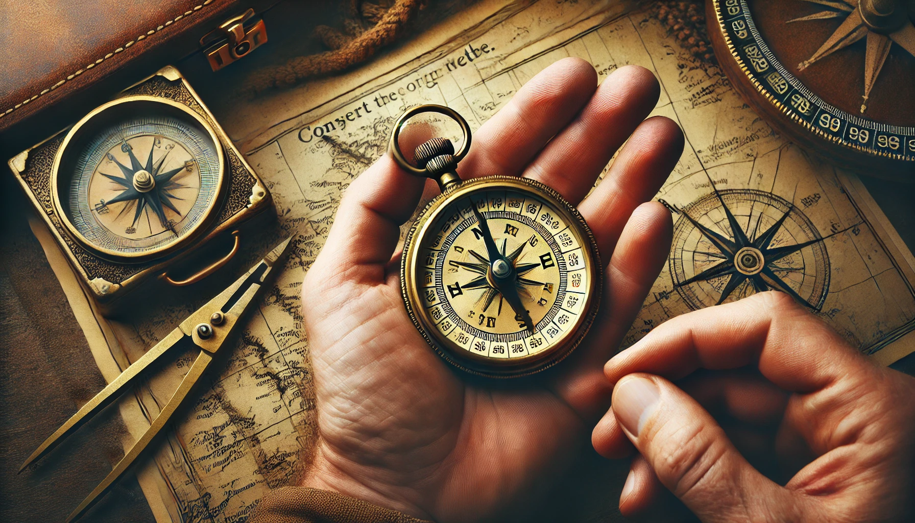 The image features a close-up of a hand holding a vintage brass compass, with a detailed, old-fashioned map in the background. The compass needle points toward the cardinal directions, with the design showcasing an ornate, classic style. The hand appears to be gently cradling the compass, suggesting careful navigation or exploration. The warm tones of the map and the compass give the image a nostalgic, adventurous feel, evoking the sense of a journey or quest through uncharted territories.