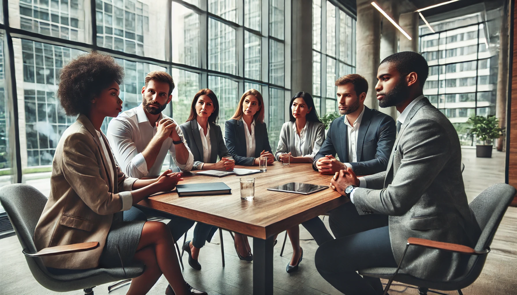 The image shows a group of professionals engaged in a serious discussion around a large wooden table in a modern office setting. The group consists of diverse individuals, both men and women, all appearing focused and contemplative as they listen or consider the topic at hand. Notebooks, papers, and coffee cups are scattered across the table, indicating a collaborative work session or meeting. The sunlight streaming through large windows adds warmth to the room, creating an atmosphere of thoughtful deliberation and teamwork. The overall mood is one of concentration and collaboration, with each person contributing to the discussion.