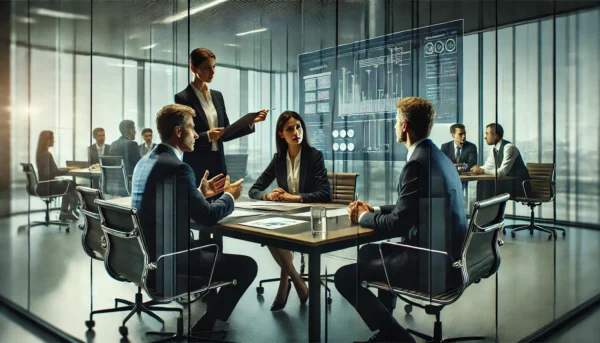 A modern project management setting with three individuals gathered around a conference table. The group is engaged in a focused discussion, with one person gesturing towards a digital tablet while another listens attentively. The room features glass walls, allowing natural light to fill the space. In the background, a digital screen displays project timelines. The scene highlights close interaction and effective communication, emphasizing the importance of clear dialogue in managing projects successfully.