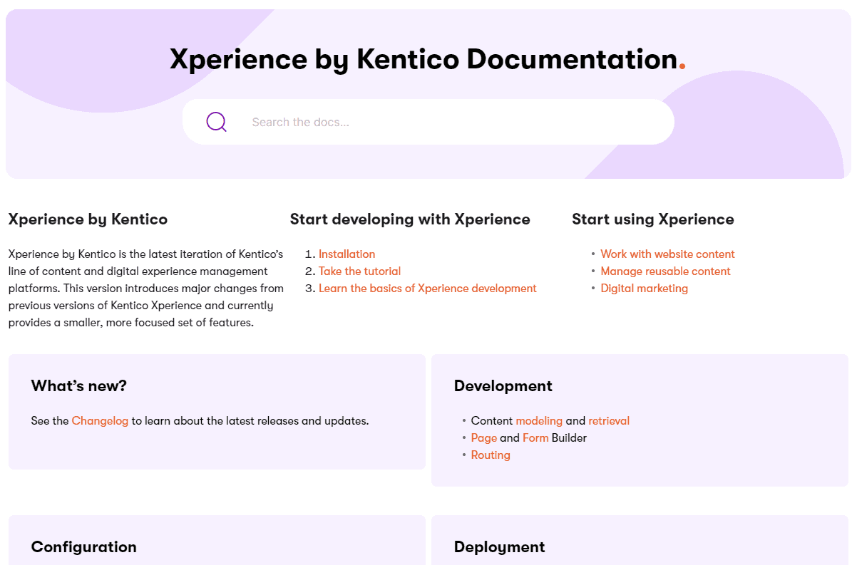 The image displays the documentation homepage for Xperience by Kentico. The page features a search bar at the top for searching the documentation. Below the search bar, the content is divided into sections: "Xperience by Kentico" with a brief description, "Start developing with Xperience" with links to installation, tutorials, and development basics, and "Start using Xperience" with links to content management and digital marketing guides. Additional sections include "What's new?", "Development", "Configuration", and "Deployment" with various links to relevant resources and documentation.