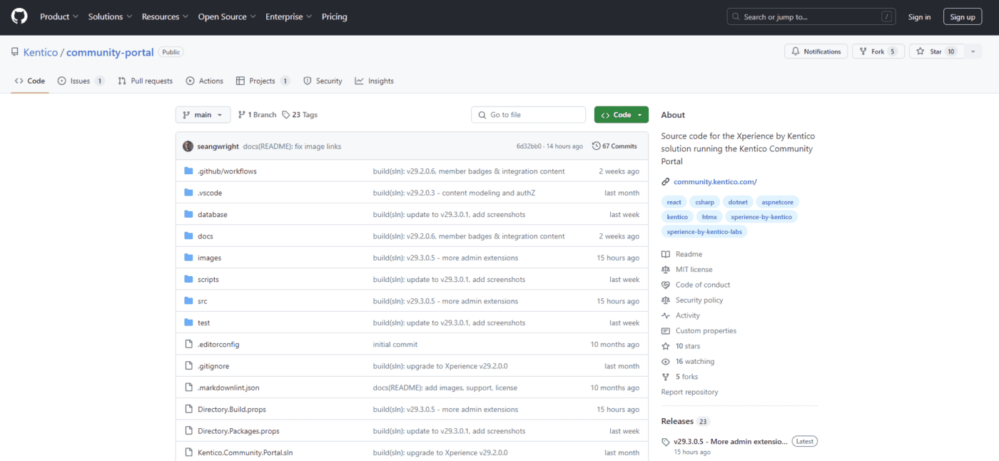 The image shows the GitHub repository page for Kentico's community portal project. The interface includes tabs for Code, Issues, Pull Requests, Actions, Projects, Security, and Insights. The main section lists various folders and files such as .github/workflows, .vscode, database, docs, images, scripts, src, and test. The right sidebar provides an overview of the repository, including a description, website link, tags, and recent activity. There are options to fork, watch, and star the repository, as well as links to the readme, MIT license, and other project details.