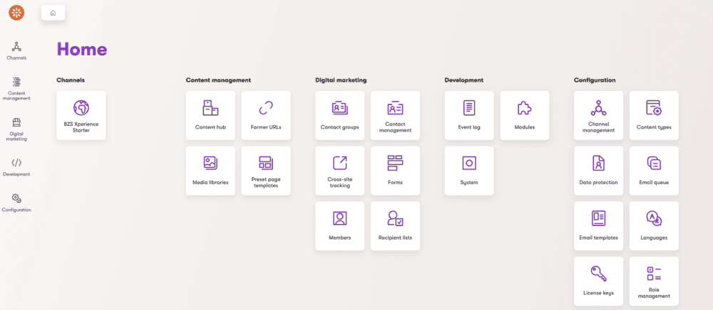 The image shows the home dashboard of the Kentico Xperience platform. The interface is divided into several sections: Channels, Content Management, Digital Marketing, Development, and Configuration. Each section contains various clickable icons. For instance, under Channels, there is "BZS Xperience Starter." The Content Management section includes options like Content Hub, Former URLs, Media Libraries, and Preset Page Templates. The Digital Marketing section features icons for Contact Groups, Contact Management, Cross-site Tracking, Forms, Members, and Recipient Lists. The Development section has options like Event Log, Modules, and System. The Configuration section includes Channel Management, Content Types, Data Protection, Email Queue, Email Templates, Languages, License Keys, and Role Management. The design is clean and modern with a predominantly white background and purple icons.