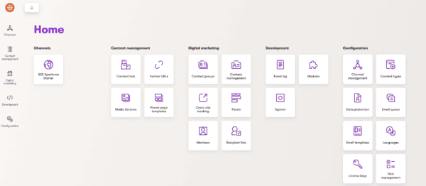 The image shows the home dashboard of the Kentico Xperience platform. The interface is divided into several sections: Channels, Content Management, Digital Marketing, Development, and Configuration. Each section contains various clickable icons. For instance, under Channels, there is "BZS Xperience Starter." The Content Management section includes options like Content Hub, Former URLs, Media Libraries, and Preset Page Templates. The Digital Marketing section features icons for Contact Groups, Contact Management, Cross-site Tracking, Forms, Members, and Recipient Lists. The Development section has options like Event Log, Modules, and System. The Configuration section includes Channel Management, Content Types, Data Protection, Email Queue, Email Templates, Languages, License Keys, and Role Management. The design is clean and modern with a predominantly white background and purple icons.