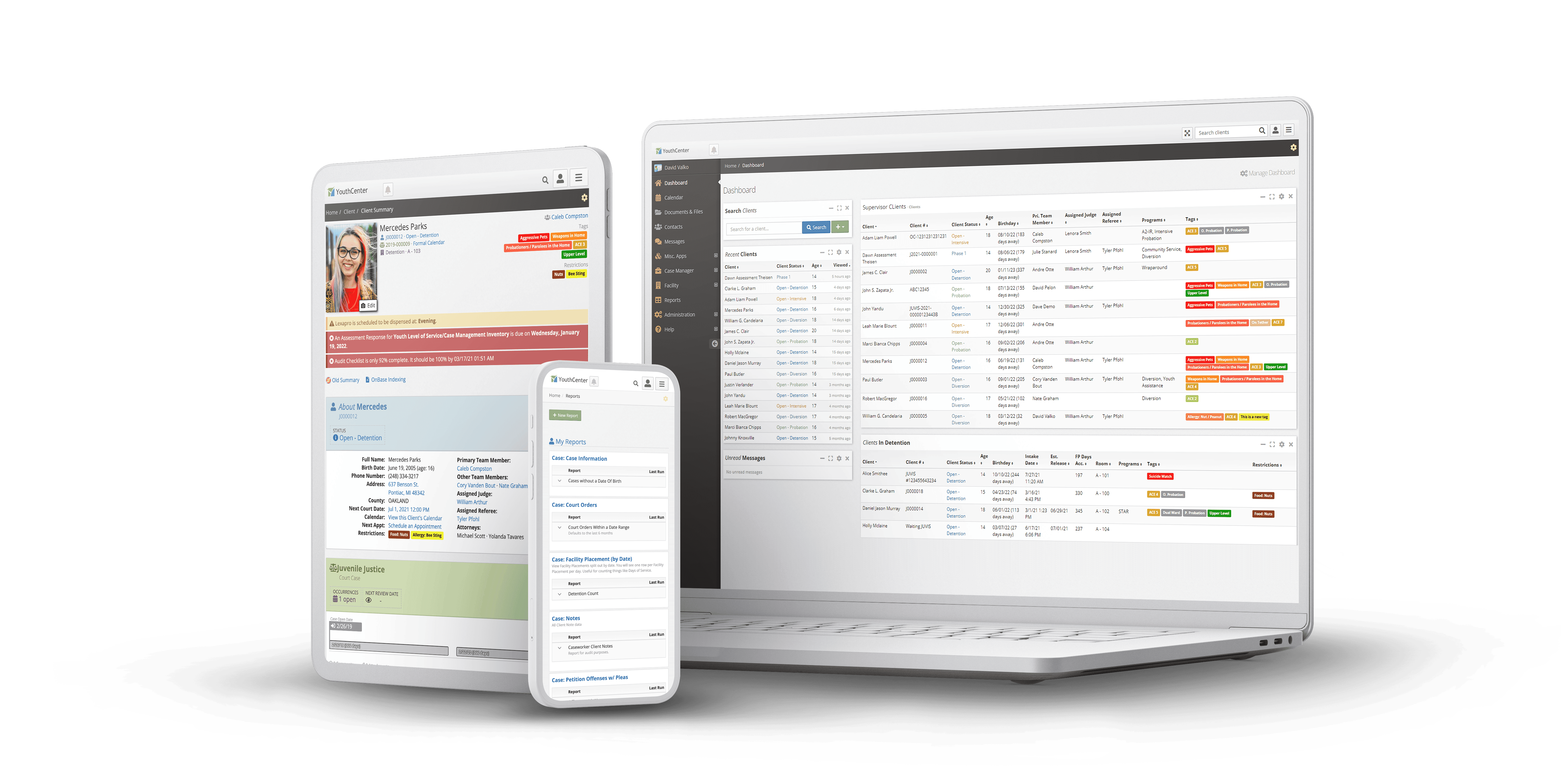 A multi-device display showcasing the YouthCenter application by BizStream, visible on a smartphone, tablet, and laptop screen. The application interface includes client summaries, case information, and dashboards tailored for juvenile case management.