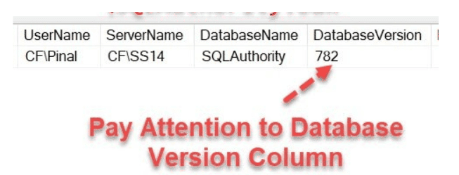 The image shows a table with four columns labeled "UserName," "ServerName," "DatabaseName," and "DatabaseVersion." The table has one row with the following data: UserName: CF\Pinal ServerName: CF\SS14 DatabaseName: SQLAuthority DatabaseVersion: 782 An arrow points to the "DatabaseVersion" value, with red text underneath stating "Pay Attention to Database Version Column."