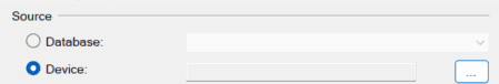 The image shows part of a form with two radio button options labeled "Source." The first option is "Database," with a text field next to it (currently disabled or blank). The second option is "Device," which is selected, followed by an empty text field and a button with three dots ("...") to the right, likely for browsing or selecting a file or device path.