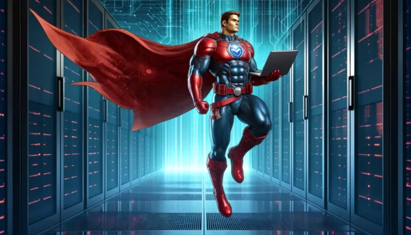 A superhero-themed digital illustration featuring a strong, confident figure with a muscular physique, wearing a blue and red suit with a unique emblem on the chest. The character is floating in a futuristic server room, holding a laptop, symbolizing technology and digital prowess. The superhero's red cape flows behind him as he moves, emphasizing action and power. The background showcases a sleek, high-tech environment with rows of servers illuminated by glowing lights, adding to the dynamic, tech-savvy atmosphere of the image.