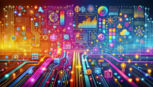 Vibrant tech-themed image featuring colorful neon elements like circuits, data streams, and digital grids, representing AI, cloud computing, and search algorithms on a sleek dark background.