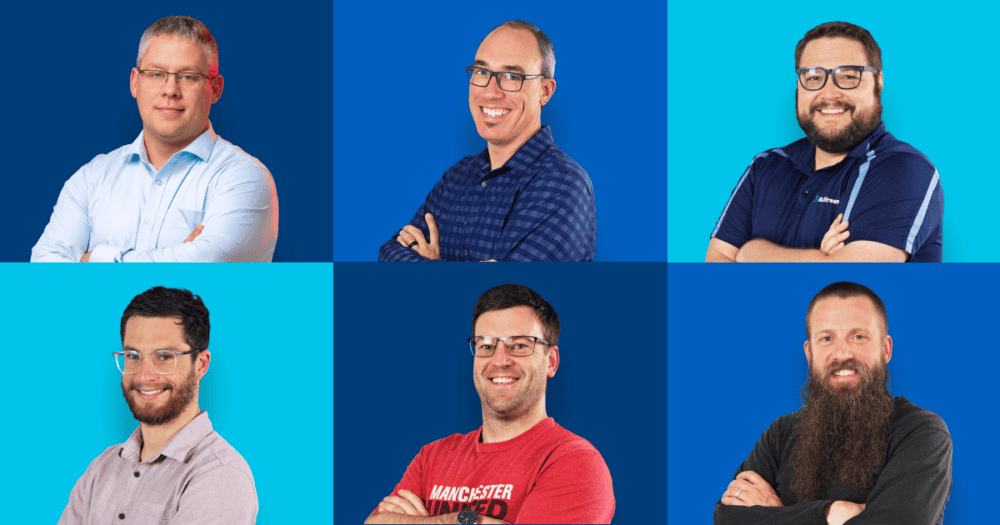 Group photo of six BizStream team members who earned the Xperience by Kentico Sales Certification. The individuals are arranged in a grid of two rows. Each person is smiling and standing confidently against a vibrant, solid-colored background.