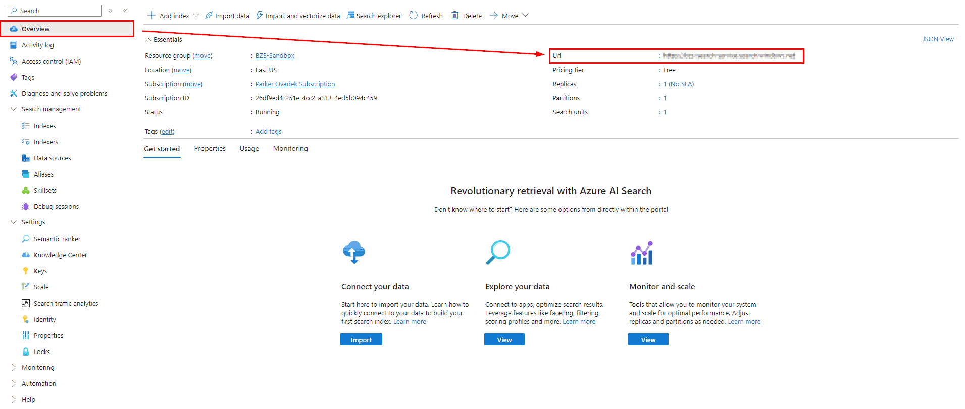 The image shows an Azure portal interface, specifically for managing an Azure AI Search service. On the left, there's a navigation panel with options like "Overview," "Activity log," "Access control (IAM)," "Tags," and "Search management" with sub-options like "Indexes" and "Indexers." The main section highlights "Overview" with details about the service, including resource group, location, subscription, status, and URL. There's also a section for getting started with options to "Connect your data," "Explore your data," and "Monitor and scale."