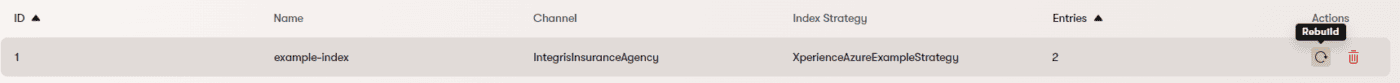 The image shows a table view of an index configuration in a web interface. The table includes the following columns: ID: The index ID is listed as "1." Name: The name of the index is "example-index." Channel: The channel is labeled as "IntegrisInsuranceAgency." Index Strategy: The indexing strategy is "XperienceAzureExampleStrategy." Entries: There are "2" entries indexed. Actions: The row includes an action section with two icons: a circular arrow for rebuilding the index (hovering over it shows a tooltip with the label "Rebuild"), and a trash bin icon for deleting the index. This view provides an overview of the index settings with the option to rebuild or delete the index.