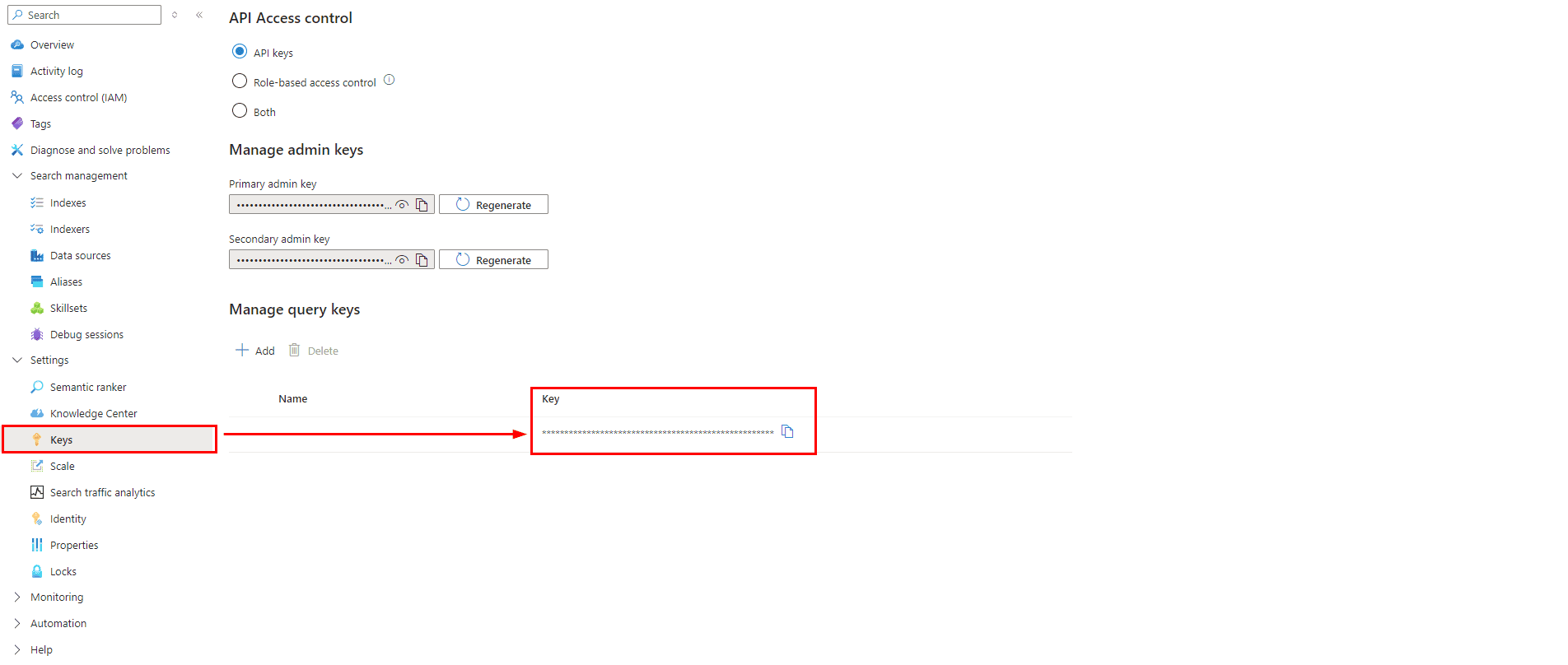 The image shows the "API Access Control" settings page in a cloud management interface. It highlights the "Keys" section where the user can manage admin keys and query keys. There is a "Manage admin keys" section with options to regenerate both the primary and secondary admin keys, and a "Manage query keys" section with a key field, showing a partially hidden key represented by asterisks, along with a copy icon next to it. The "Keys" tab is selected in the left-hand navigation panel.