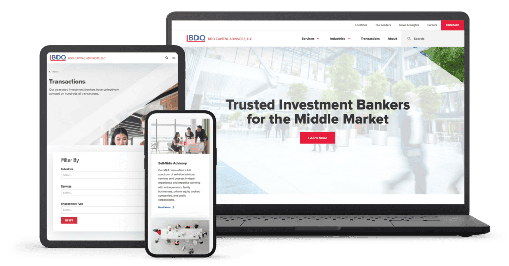 A multi-device mockup displaying the BDO Capital Advisors website on a laptop, tablet, and smartphone. The laptop screen shows the homepage with the headline "Trusted Investment Bankers for the Middle Market" and a call-to-action button. The tablet screen highlights the "Transactions" page with a filter section, while the smartphone shows a service detail page with "Sell-Side Advisory" information. The design emphasizes professional investment services with a clean layout, using red and white color accents throughout.