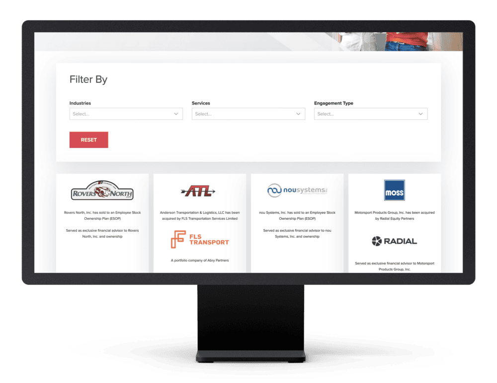 A computer monitor displaying the BDO Capital Advisors website with a filter section at the top and various client logos and descriptions in a grid format below. The filter section includes dropdown menus labeled "Industries," "Services," and "Engagement Type," with a red "RESET" button underneath. The grid features logos for companies like Rovers North, Anderson Transportation & Logistics, Nousystems, and Motorsport Products Group, along with brief descriptions of their engagements.