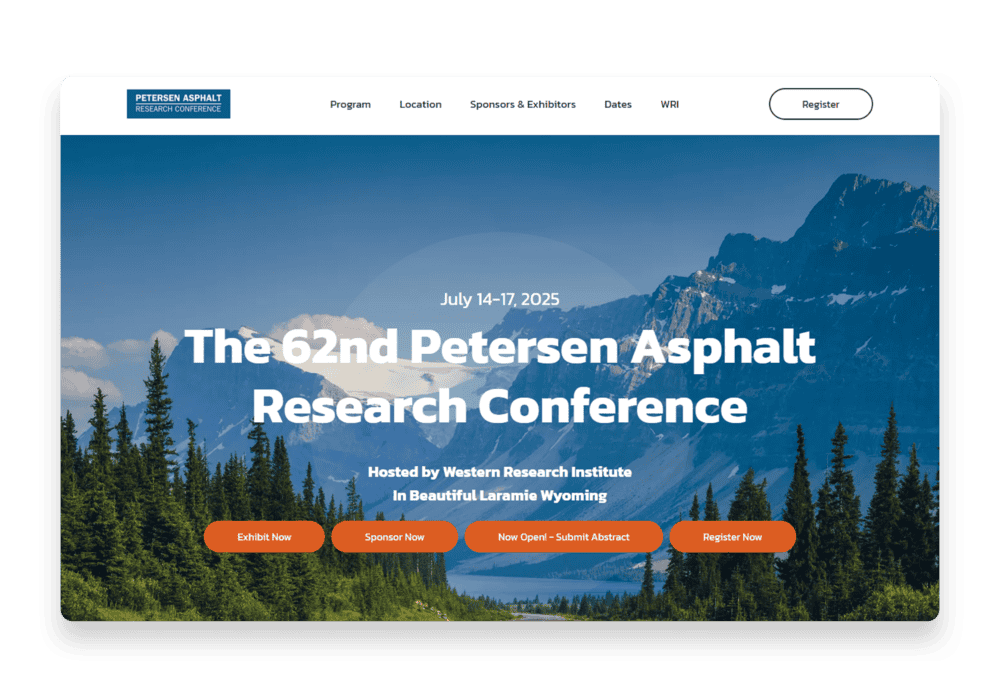 Webpage of the Petersen Asphalt Research Conference with a mountain landscape background, displaying event details for the 62nd conference in Laramie, Wyoming, from July 14-17, 2025. The page includes navigation links and call-to-action buttons for exhibiting, sponsoring, submitting abstracts, and registering.