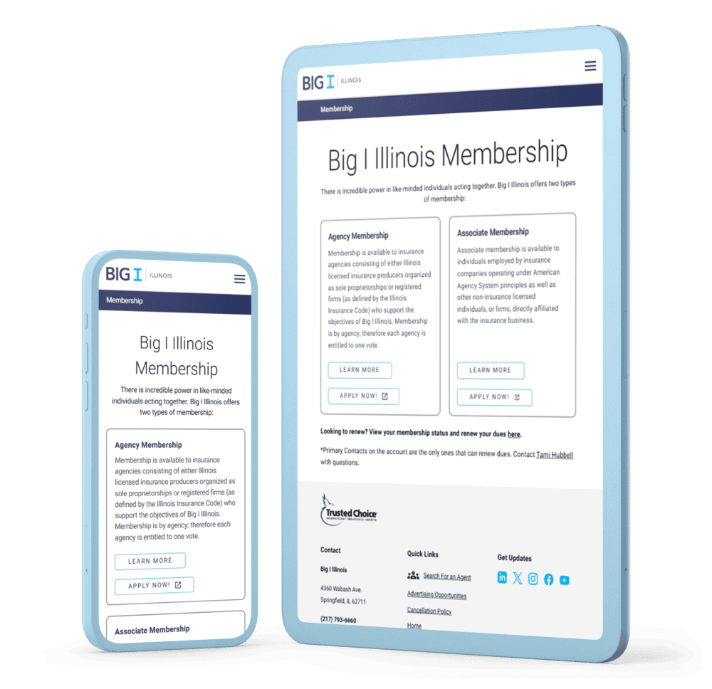 Responsive design mockup of the Big I Illinois 'Membership' page displayed on a smartphone and tablet. The page outlines membership options, including 'Agency Membership' and 'Associate Membership,' with details and 'Learn More' and 'Apply Now' buttons.