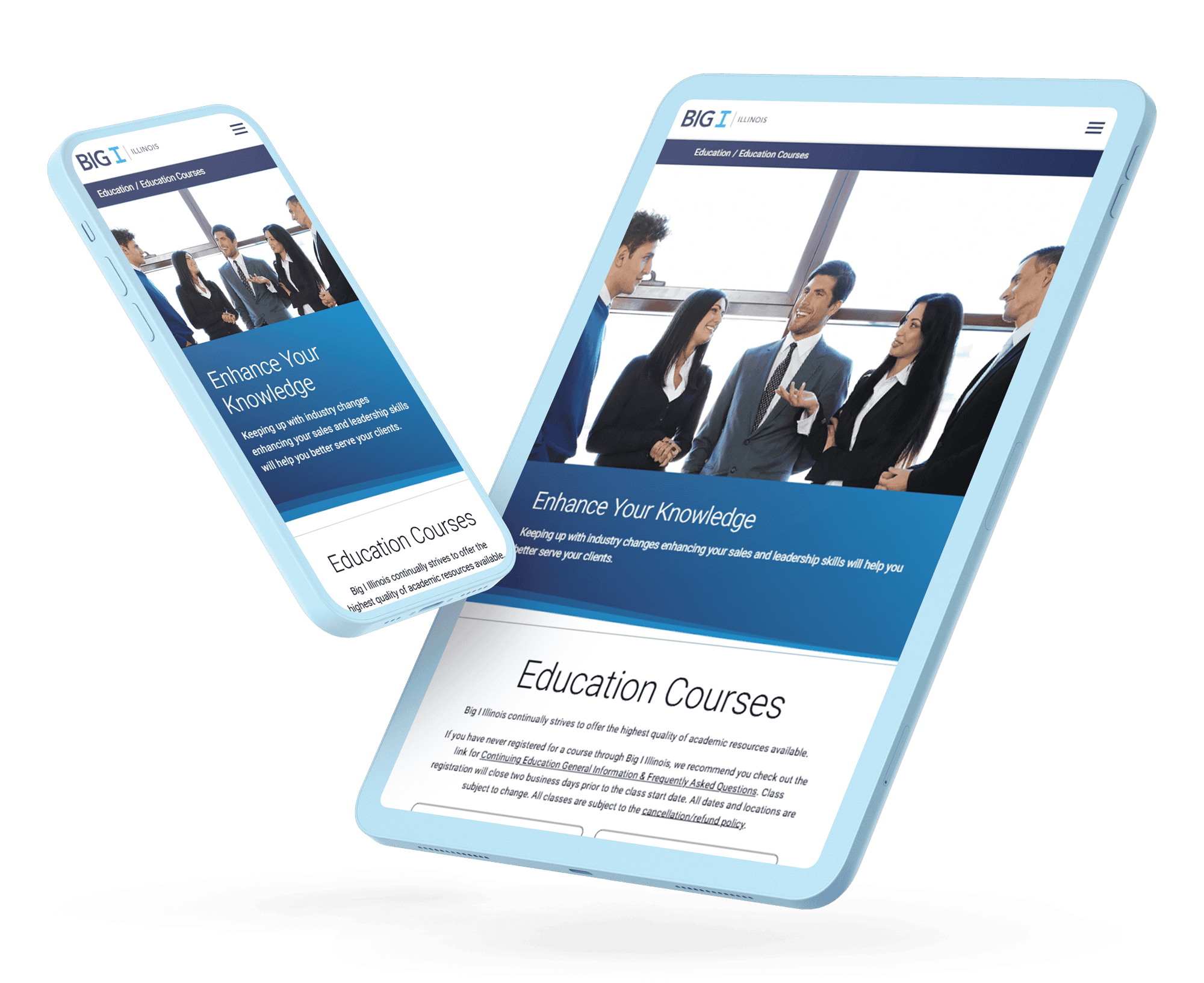 Mockup displaying the Big I Illinois 'Education Courses' webpage on a smartphone and tablet. The page features the headline 'Enhance Your Knowledge' with a group of professionals in discussion, emphasizing the importance of staying updated with industry changes and leadership skills.