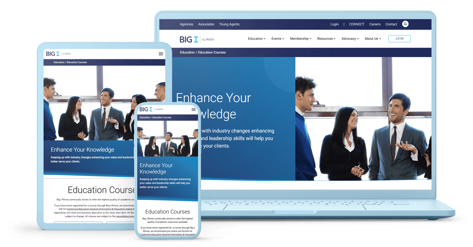 Responsive design mockup of the Big I Illinois 'Education Courses' webpage displayed on a laptop, tablet, and smartphone. The page features the headline 'Enhance Your Knowledge' with a group of professionals engaging in a discussion, emphasizing industry changes and leadership skill development.