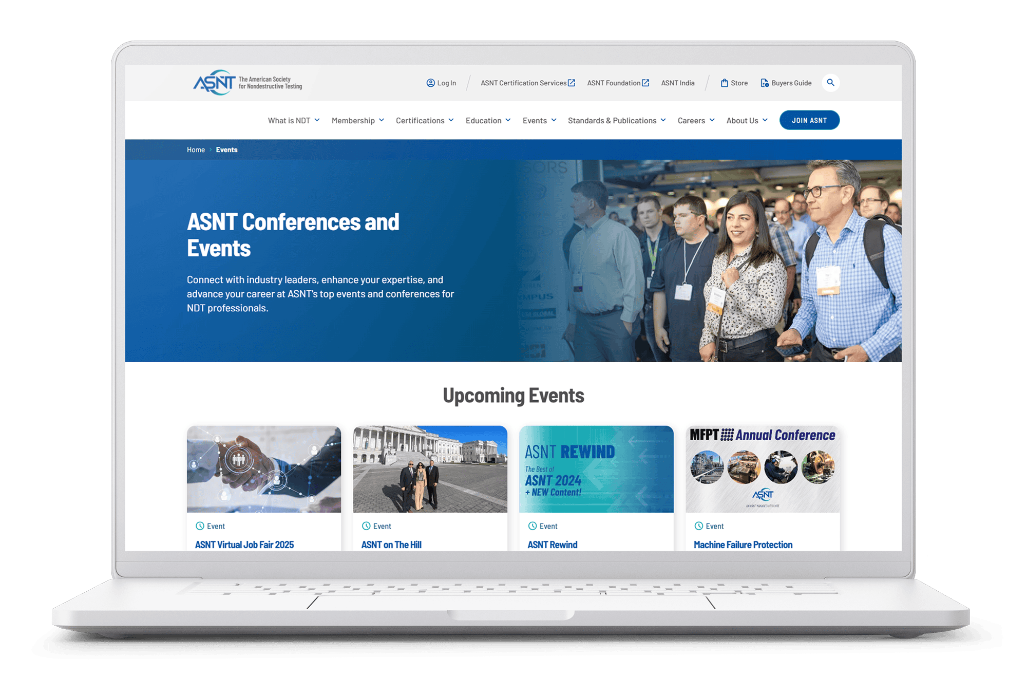 Webpage showcasing ASNT Conferences and Events, displayed on a laptop screen. The banner highlights the title 'ASNT Conferences and Events' with a tagline encouraging users to connect with industry leaders, enhance expertise, and advance their careers. Below the banner, an 'Upcoming Events' section features event cards for 'ASNT Virtual Job Fair 2025,' 'ASNT on the Hill,' 'ASNT Rewind,' and 'Machine Failure Protection Annual Conference.'