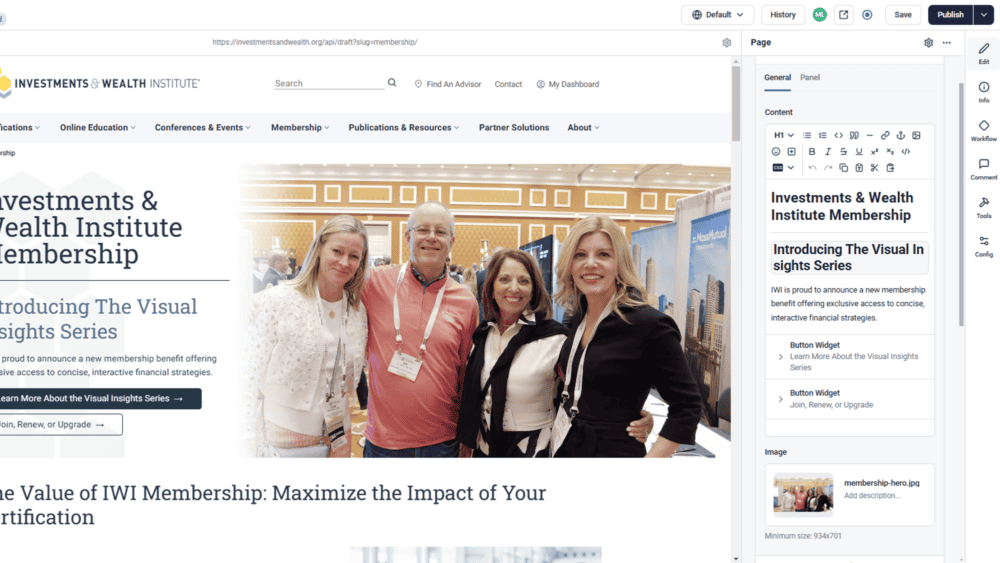 Screenshot of the Investments & Wealth Institute Membership page being edited in Storyblok CMS using a BizStream-built accelerator. The page features a hero image of four smiling professionals at a conference, a heading announcing 'Introducing The Visual Insights Series,' and call-to-action buttons for learning more or joining. The right-side panel displays content editing options, including text formatting, button widgets, and image settings.