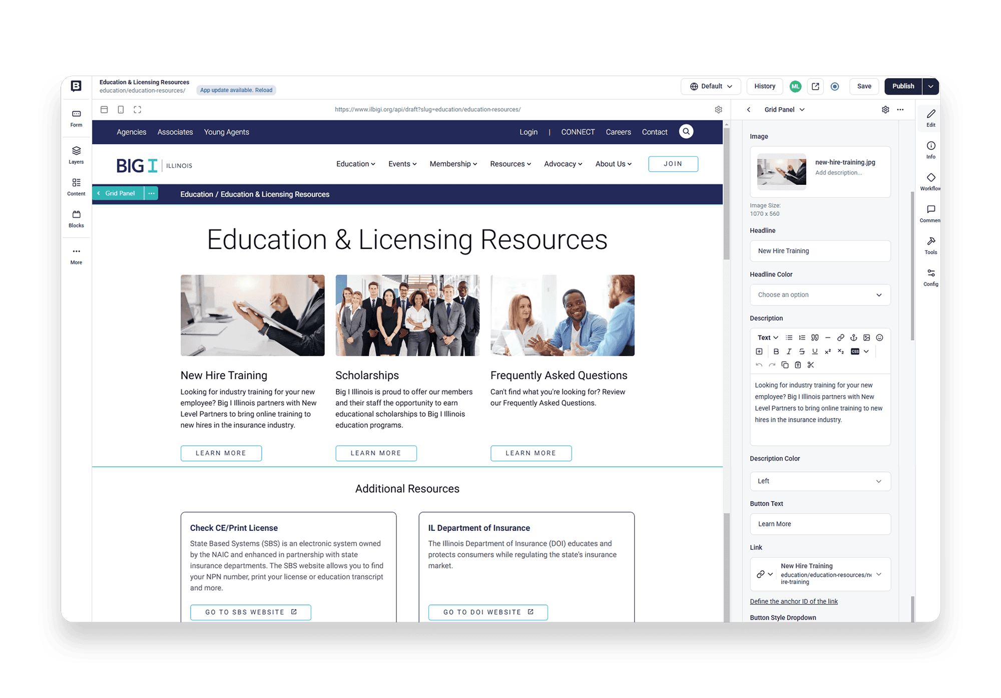 Screenshot of the Storyblok platform displaying the 'Education & Licensing Resources' page for Big I Illinois. The page highlights resources such as 'New Hire Training,' 'Scholarships,' and 'Frequently Asked Questions,' with additional links to check licenses and access the Illinois Department of Insurance website.