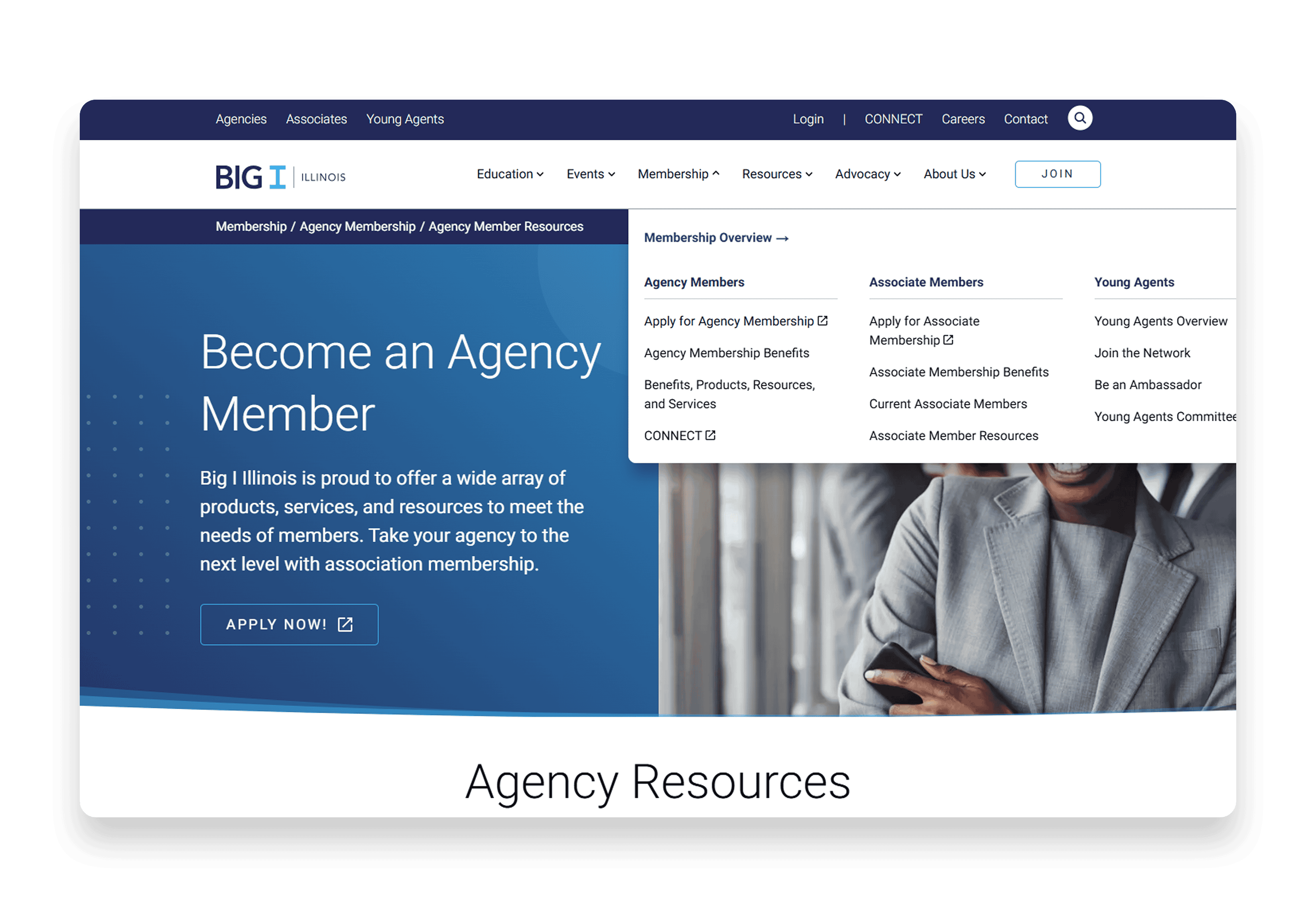 Screenshot of the Big I Illinois 'Become an Agency Member' webpage with a dropdown menu under 'Membership' showing options for Agency Members, Associate Members, and Young Agents. The page highlights the benefits and resources available to agency members with a prominent 'Apply Now' button.