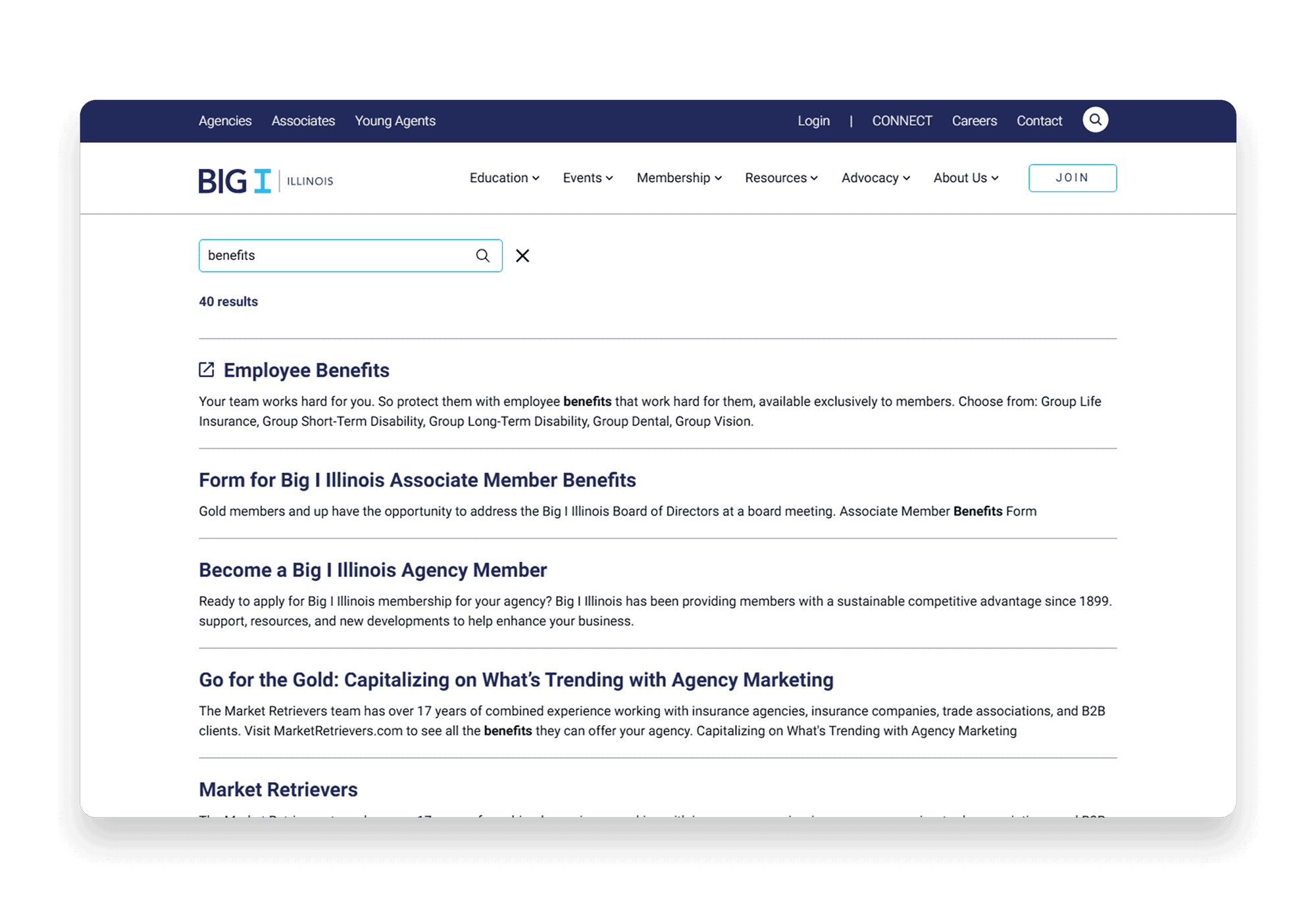 A search results page on the BIG I Illinois website displaying results for the keyword 'benefits.' The page shows a search bar with a clear button, a total of 40 results, and a list of relevant links, including 'Employee Benefits,' 'Form for Big I Illinois Associate Member Benefits,' 'Become a Big I Illinois Agency Member,' and 'Go for the Gold: Capitalizing on What’s Trending with Agency Marketing.'