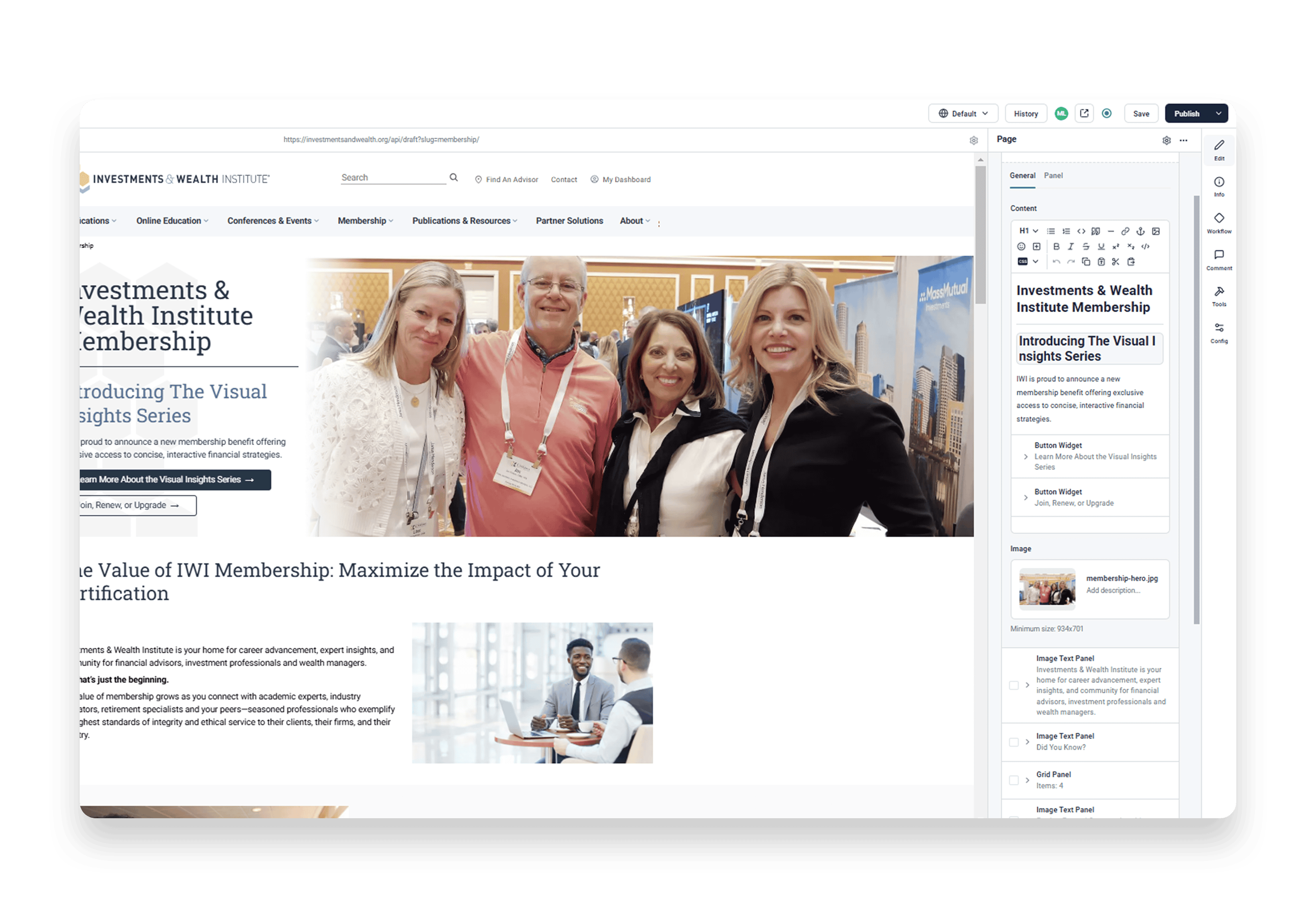 Screenshot of the Storyblok platform displaying the Investments & Wealth Institute Membership page. The page highlights the introduction of 'The Visual Insights Series' with a group photo of smiling members at an event and a section emphasizing the value and impact of IWI membership.