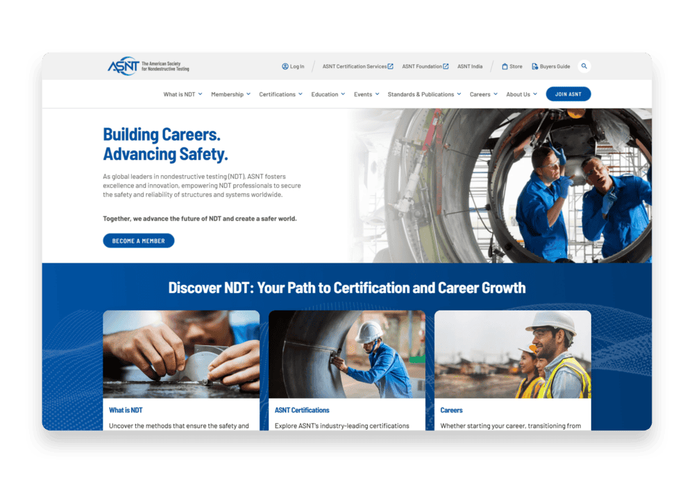 Screenshot of the American Society for Nondestructive Testing (ASNT) website homepage, featuring a banner with the headline "Building Careers. Advancing Safety." and an image of two workers inspecting a large industrial structure. Below, a section titled "Discover NDT: Your Path to Certification and Career Growth" showcases three cards with images and descriptions for topics: "What is NDT," "ASNT Certifications," and "Careers.