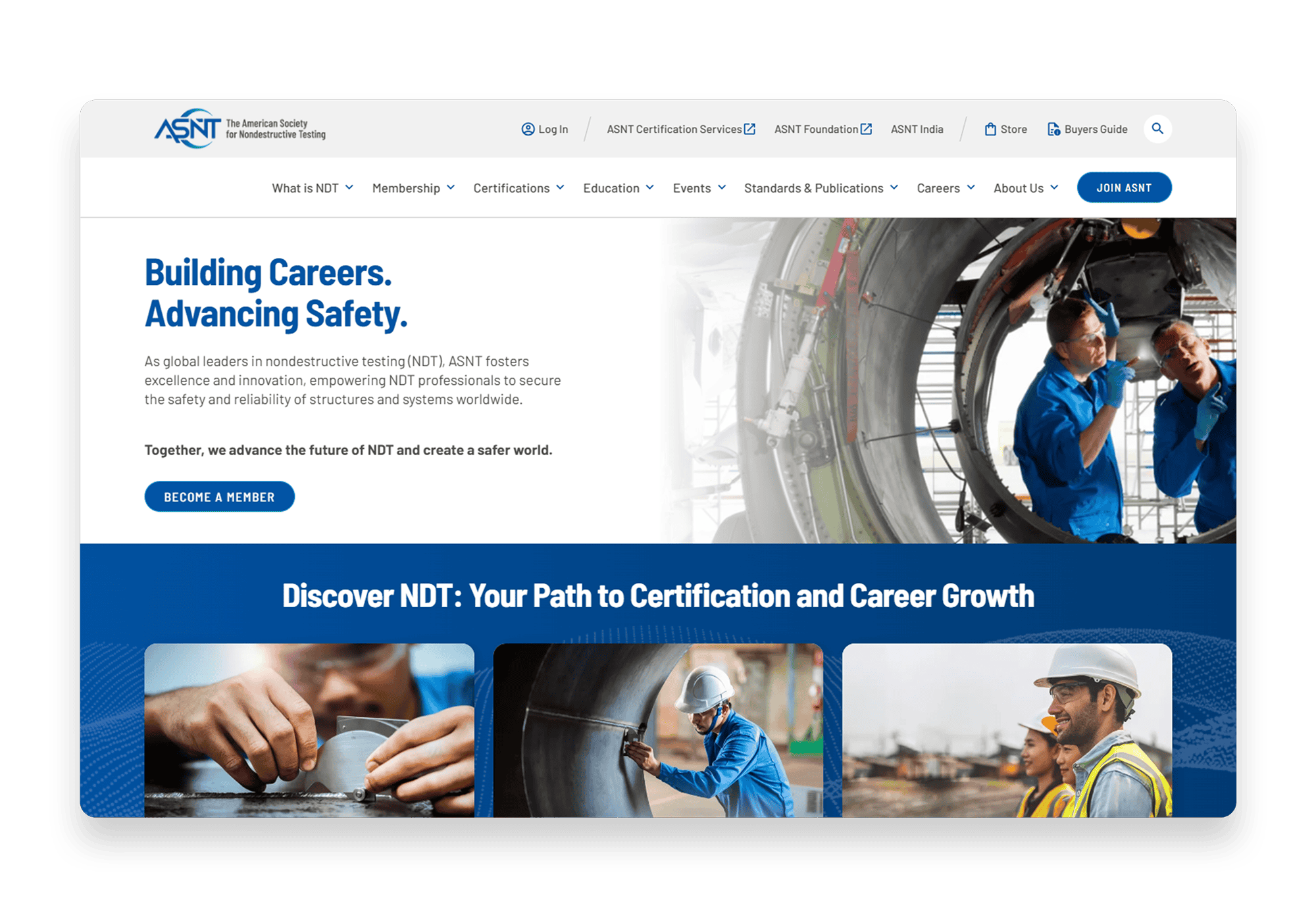 Screenshot of the American Society for Nondestructive Testing (ASNT) website homepage, featuring a banner with the headline "Building Careers. Advancing Safety." and an image of two workers inspecting a large industrial structure. Below, a section titled "Discover NDT: Your Path to Certification and Career Growth" showcases three cards with images and descriptions for topics: "What is NDT," "ASNT Certifications," and "Careers.