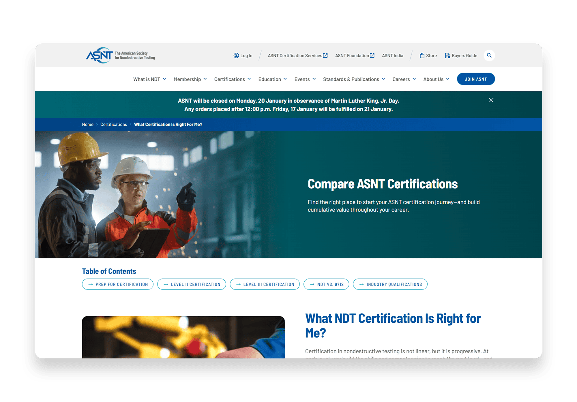 Webpage of the American Society for Nondestructive Testing (ASNT) featuring the section 'Compare ASNT Certifications' with the tagline 'Find the right place to start your ASNT certification journey—and build cumulative value throughout your career.' The banner shows two professionals in safety gear discussing a project in an industrial setting. Below is a Table of Contents with links to certification levels and qualifications, followed by detailed content on 'What NDT Certification Is Right for Me?'